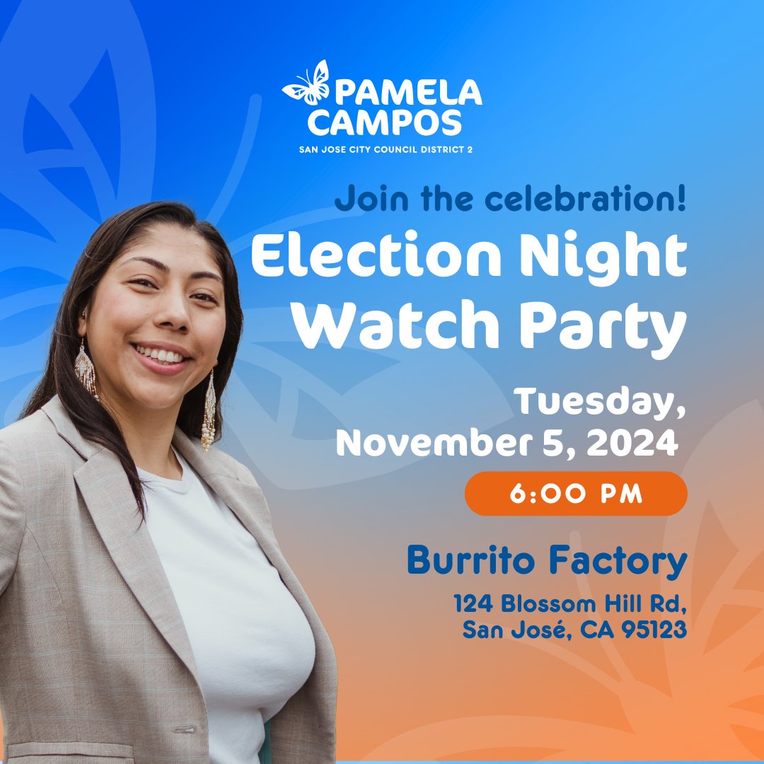 Join us TOMORROW @ our Election Night watch party! ⭐ No matter the role you played as part of #TeamPamela, your support has been invaluable, and we TRULY thank you for believing in us &amp; propelling our work 🧡 We can’t wait to secure our collective win TOMORROW! 🦋💫 #Pamela4SJ