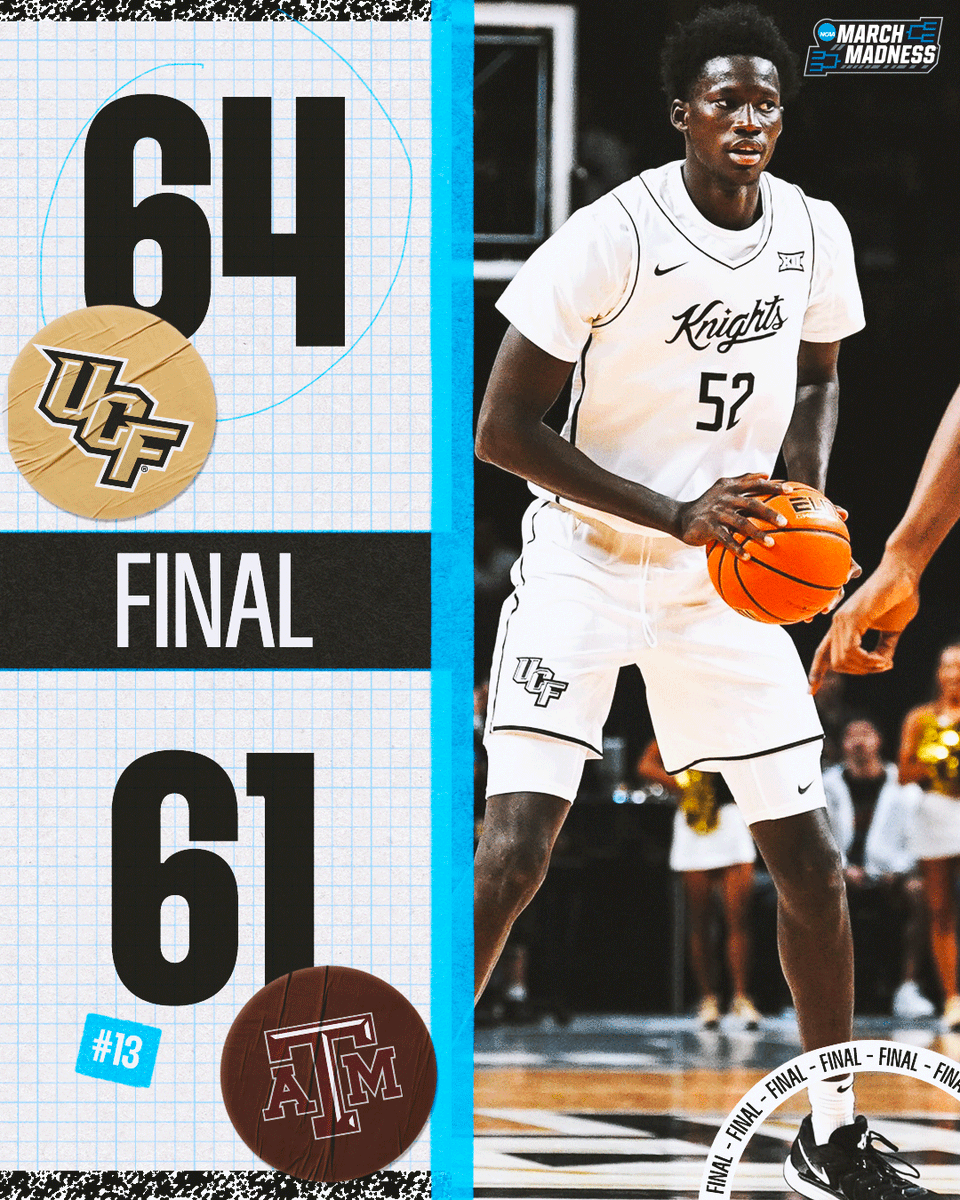 MarchMadnessMBB's tweet photo. UCF KNOCKS OFF NO. 13 TEXAS A&amp;M ⚔️

The Knights rally to defeat the Aggies on opening night 👀 https://t.co/01yl7KikFd