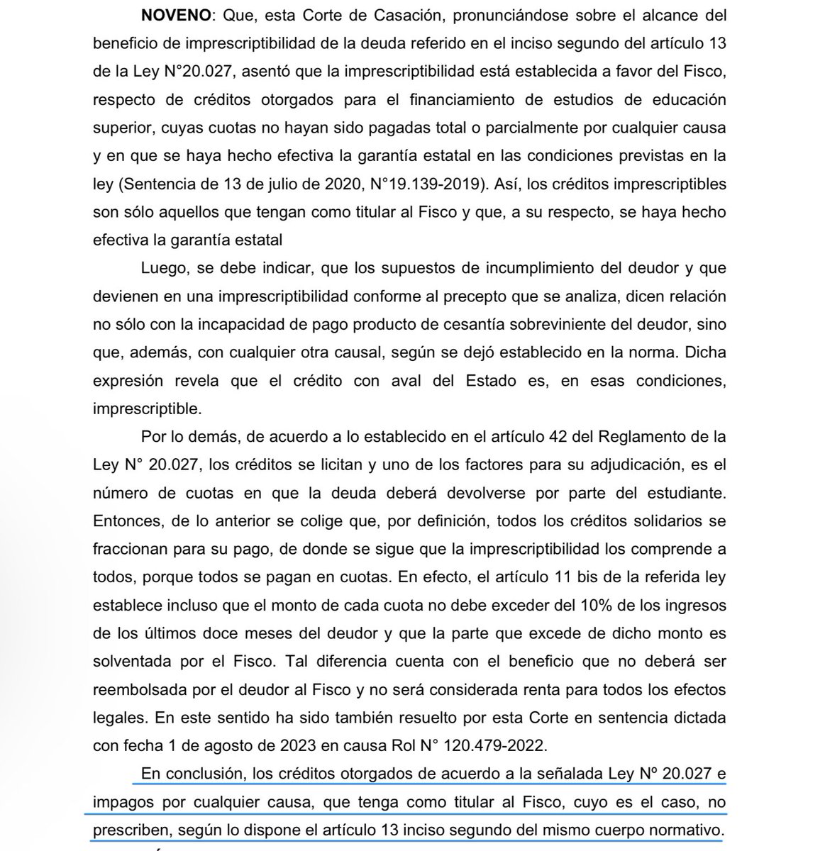 LLeguleya's tweet photo. CS (Rol 26047-2023 1a sala 16.10.2024) Reitera: Los créditos otorgados por la ley 20027 (CAE) e impagos, que tengan como titular al Fisco, son imprescriptibles según el art. 13 inc. 2 de la señalada ley https://t.co/KvwrvySdvi