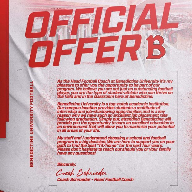 PrenticeSmith23's tweet image. After a great conversation with @CoachSchradesBU, I am blessed to receive an offer from Benedictine University! I would like to thank the @BenUFootball staff for the opportunity!
@PSHScougarFB @PSHS_Athletics @PrepRedzoneIL @CoachMarcus2045 @PrenticeSmith6 @ArlettaSmi52101