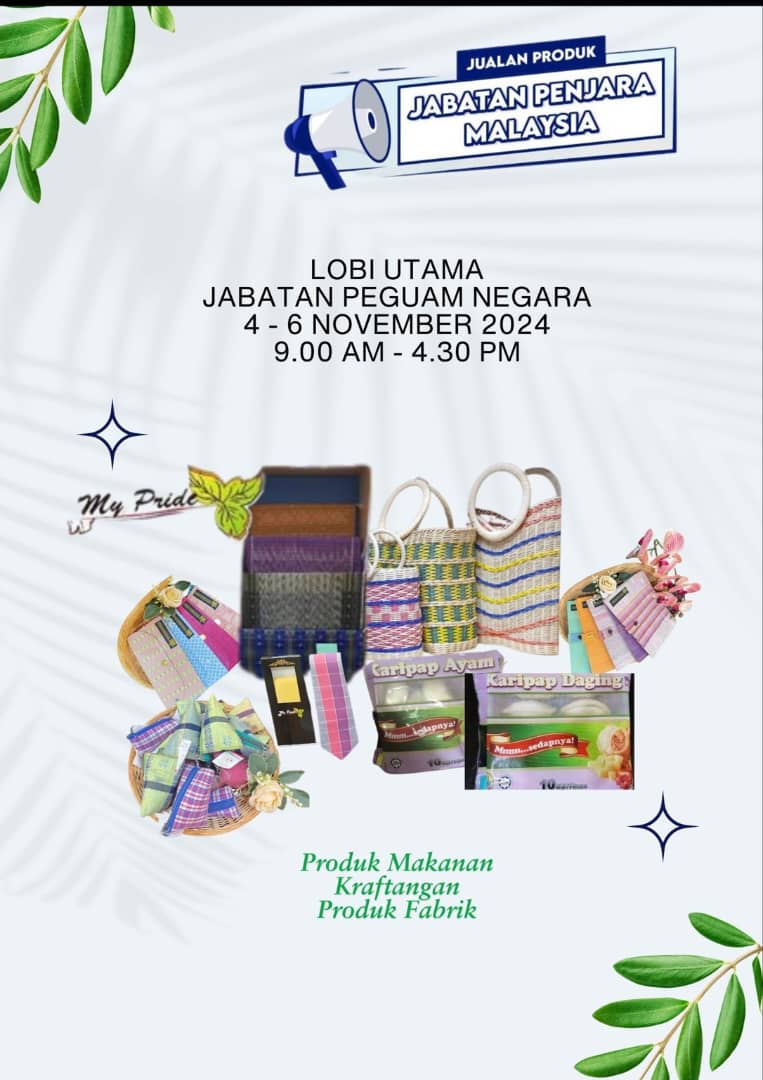 AGCPutrajaya's tweet image. Jabatan Penjara Malaysia dengan kerjasama Unit Lembaga Pengampunan, Bahagian Pendakwaan, Jabatan Peguam Negara sedang mengadakan pameran dan jualan produk My Pride di lobi Jabatan Peguam Negara, Putrajaya.

#jabatanpeguamnegara
#malaysiamadani
#mypride
