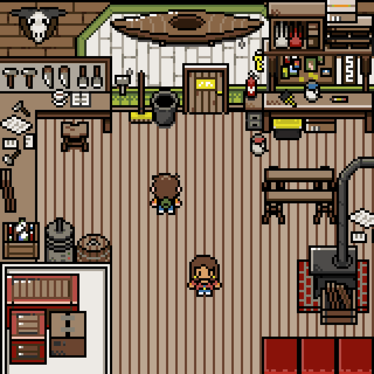 LoamBrownGames's tweet photo. Jack and Macayla are getting some work done in the woodshop today! It's a hard living making wood with your hands and hammering various things, but someone has to do it. Anyway, stay tuned to see what shenanigans they get up to next week! Happy Monday!

#PixelArt #cozygame #Geterdone