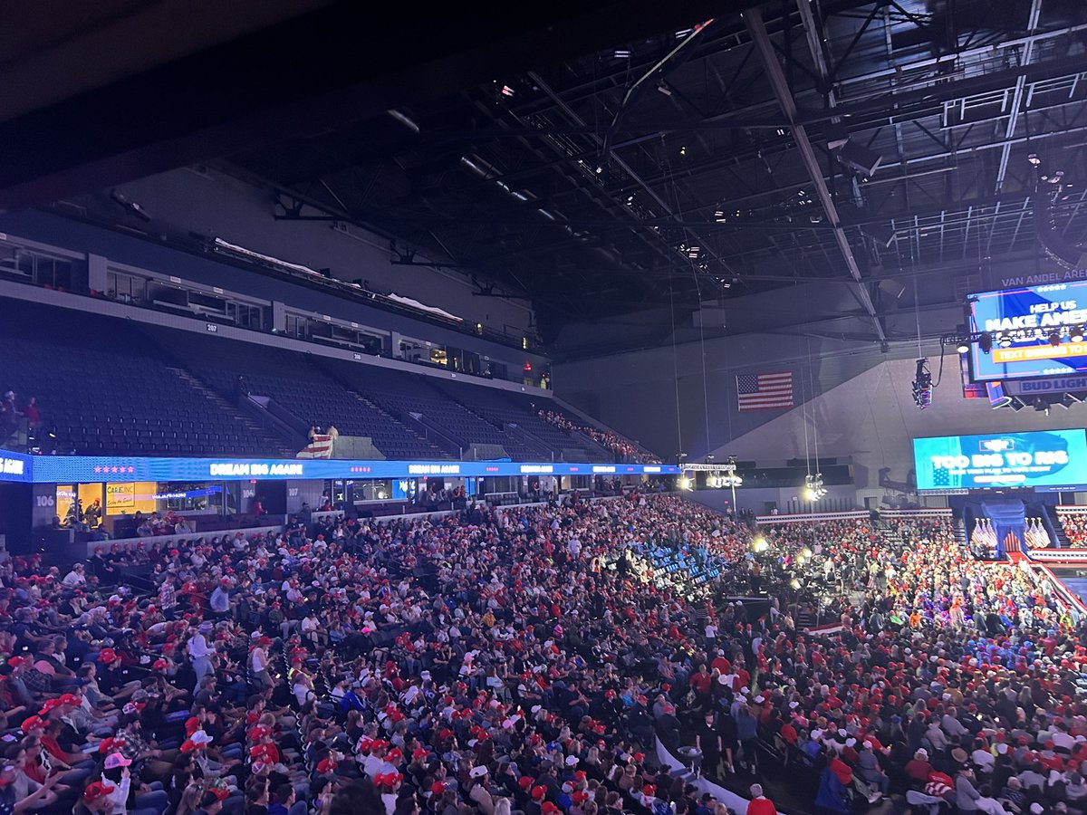 With nearly everyone inside Trump’s final rally of the cycle, more than half of the upper bowl is barren here at the Van Andel arena in Grand Rapids.