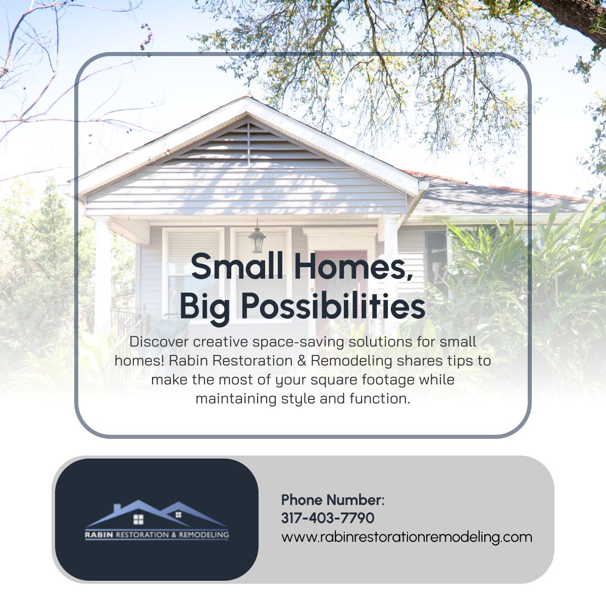 Rabin_RandR's tweet image. Maximize your small home&apos;s potential with clever space-saving designs. Read our blog for expert tips, and let us help you create a spacious feel in your cozy home! Learn more here: tinyurl.com/6wzdk7us.
 
#NoblesvilleIN #RestorationAndRemodelingServices #SmallHomeDesign