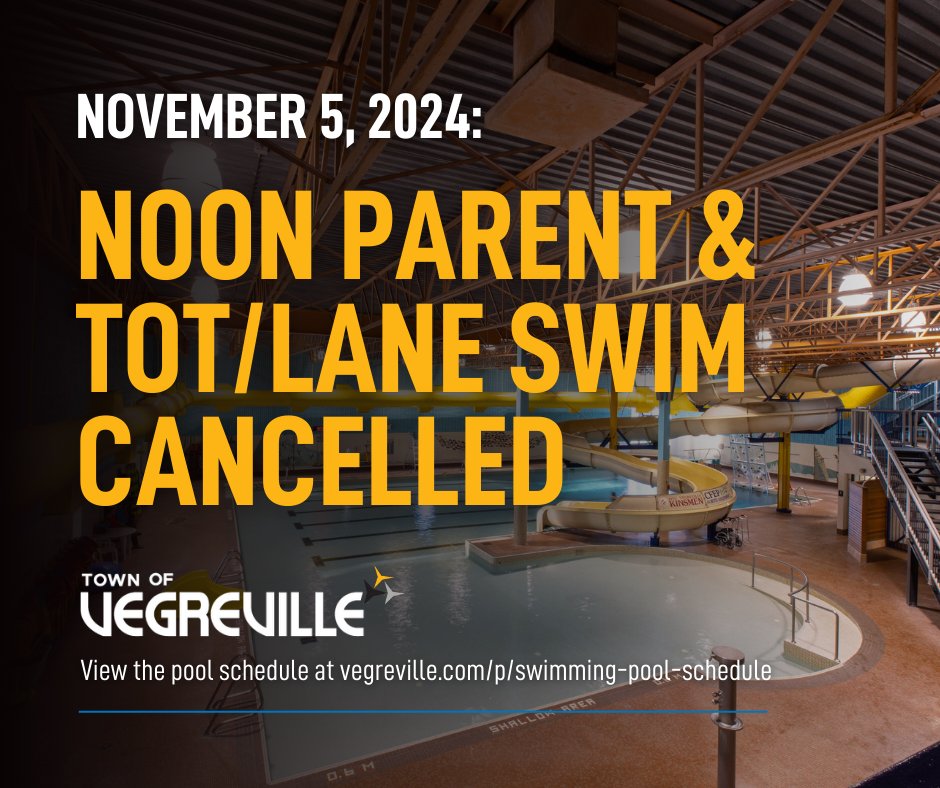 🌊𝐒𝐰𝐢𝐦𝐦𝐢𝐧𝐠 𝐏𝐨𝐨𝐥 𝐒𝐜𝐡𝐞𝐝𝐮𝐥𝐞 𝐂𝐡𝐚𝐧𝐠𝐞

Please note, due to school swim lessons, there will be no Noon Parent &amp; Tot/Lane Swim on November 5, 2024.

View the swimming pool schedule: loom.ly/ZaeJpjo

 #Vegreville | #RoomToGrow