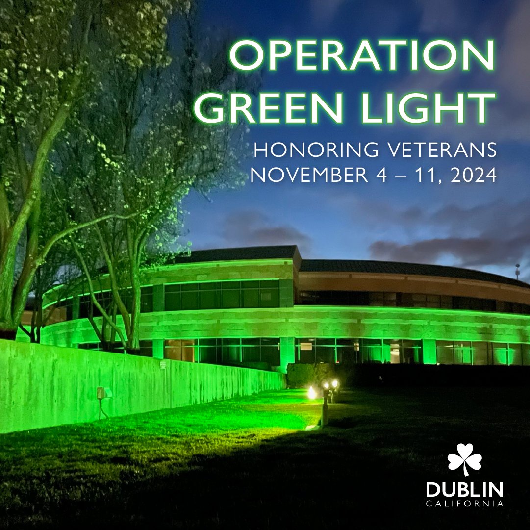 DublinPIO's tweet photo. We proudly support Operation Green Light in honor of veterans in Dublin and across the nation. Civic Center will be lit green from tonight through Veterans Day. Residents and businesses are encouraged to participate by simply changing one light bulb to a green bulb. 🇺🇸 https://t.co/cPreGQUtqZ