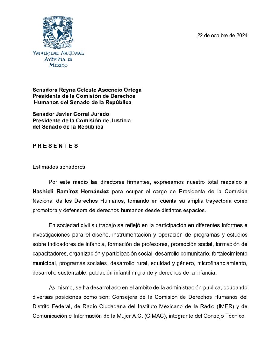 Xpidxaa_bi's tweet photo. En el contexto de la designación de la representante de la #CNDH, las directoras de diversas entidades de la UNAM han refrendado su apoyo a la candidatura de Nashieli Ramírez Hernández.
Es tiempo de territorialidad y de acompañar con fuerza la defensa de #DDHH en el país https://t.co/8gzVz5gyvj