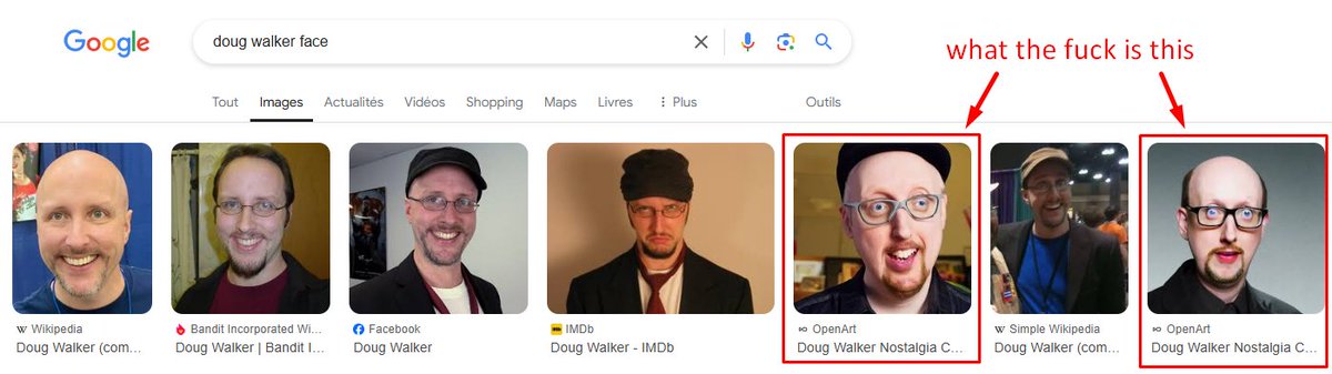 Elleir_Gab's tweet image. You can add -ai at the end of your research and it should filter out most of 'em!
Here's an example with "doug walker face"