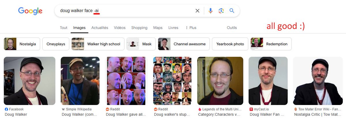 Elleir_Gab's tweet image. You can add -ai at the end of your research and it should filter out most of 'em!
Here's an example with "doug walker face"