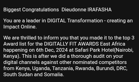 🌟 Thrilled to be named in the top 3 for the DIGITALLY FIT AWARDS East Africa 2024! Honored to be recognized for driving digital transformation across the region. Join me as we celebrate on December 6th at Safari Park Hotel, Nairobi.

#DigitalLeadership #EastAfricaRadio