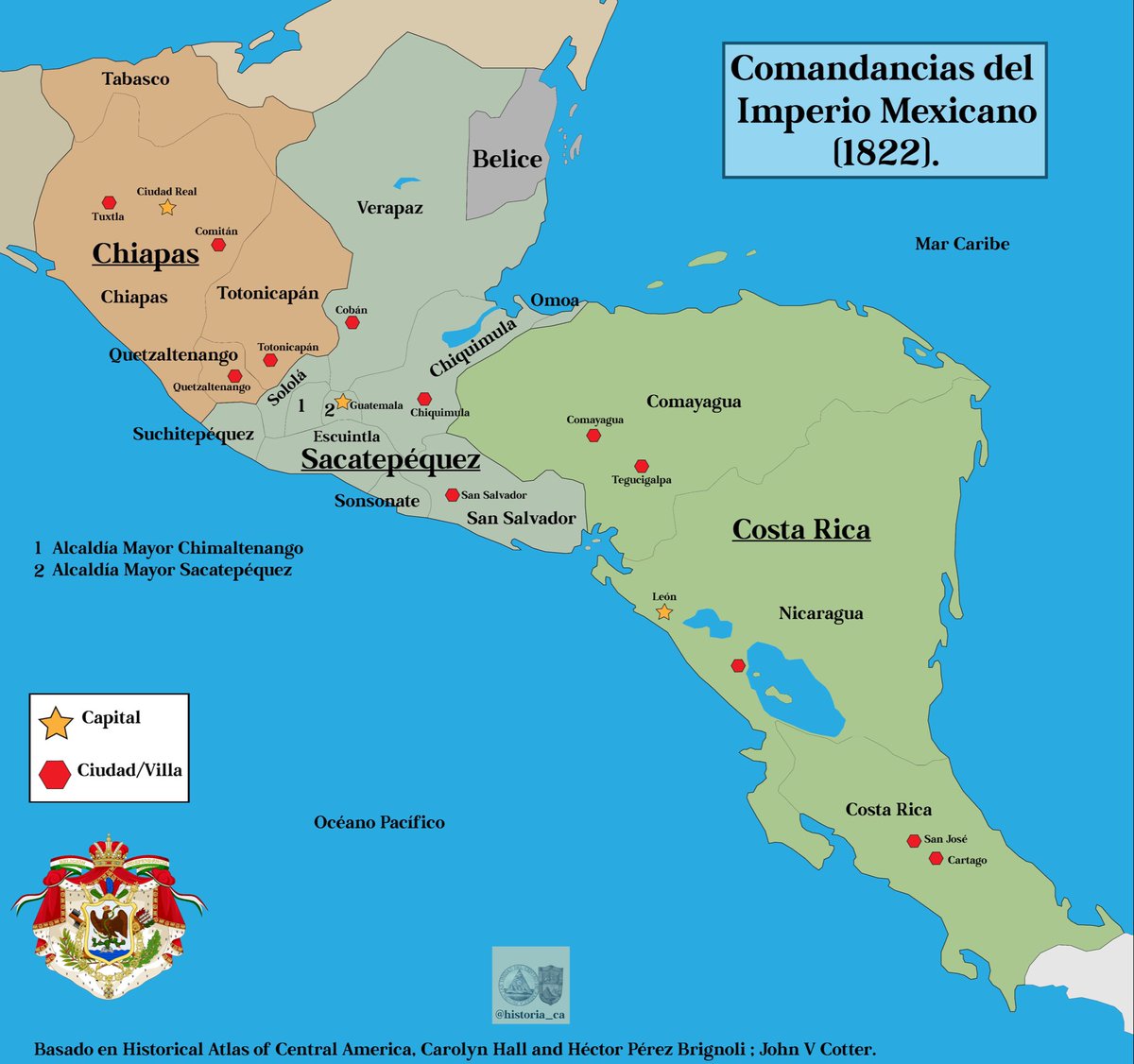 historia_ca's tweet photo. 4 noviembre 1822

El emperador Agustín I ordena la división del reino de Guatemala en tres comandancias:

1– Chiapas, con capital en Ciudad Real.
2– Sacatepéquez, con capital en la ciudad de Guatemala.
3– Costa Rica, con capital en León. https://t.co/l9r6nYLCqx