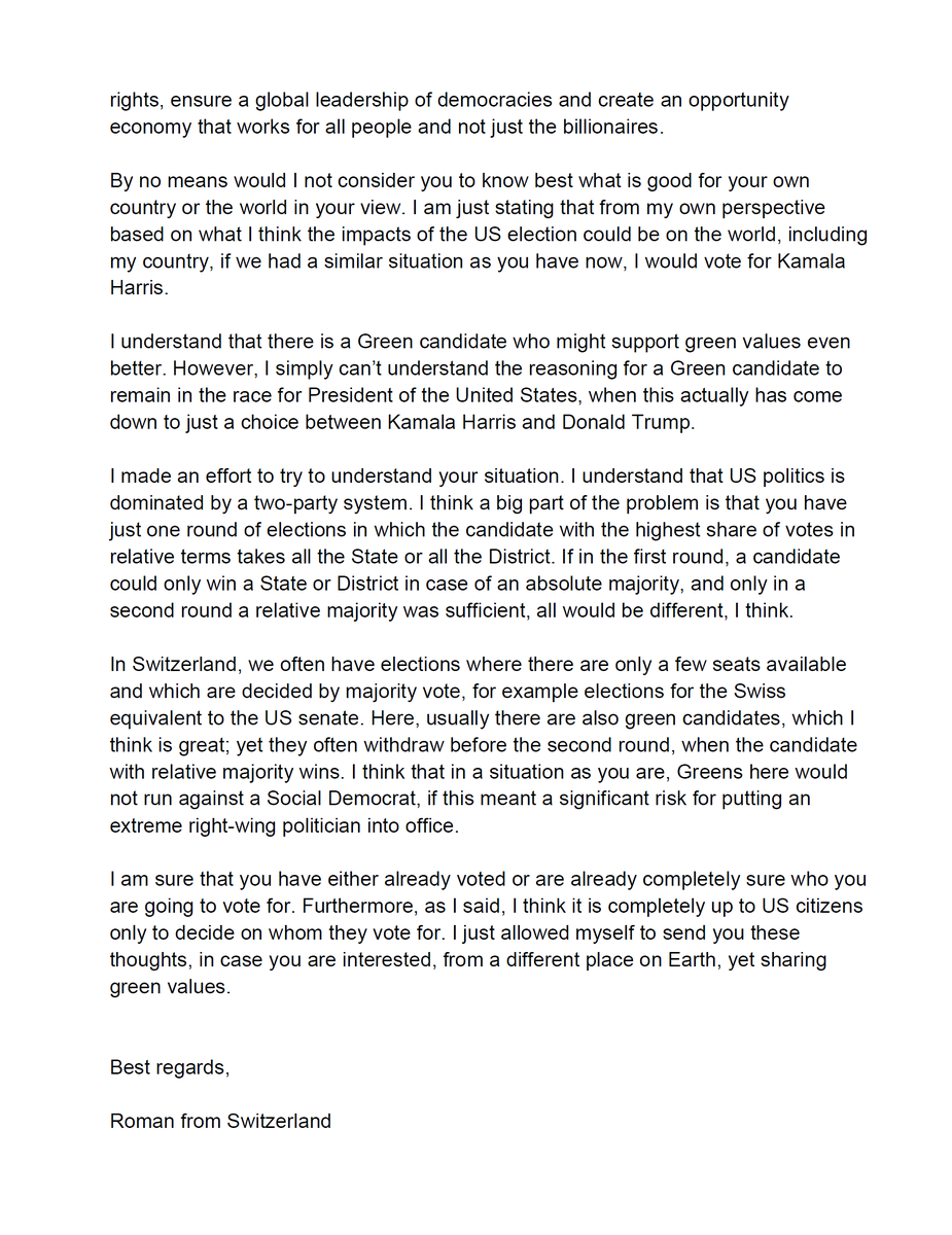 Roman_Bolliger's tweet photo. I don't know anyone in the United States sharing green values who has not yet voted or who is not intending to vote for #KamalaHarris #HarrisWalz2024 #Kamala #Harris. However, if I did, this is the message I would like to send to them. https://t.co/pJGMJ6Jmia