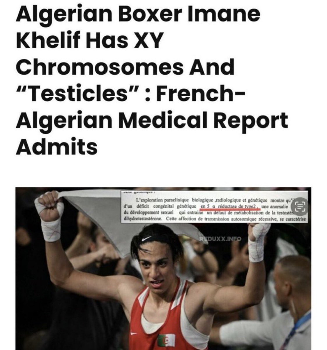 JN_Araain's tweet photo. 🚨 #BREAKING: A medical report reveals that Algerian boxer Imane Khelif, who won gold at the #Paris2024 Olympics in women's boxing, has XY chromosomes, typical male testosterone levels, and internal testicles. 

#Olympics #GenderTesting #SportsDebate https://t.co/Rs7T4eKw8W