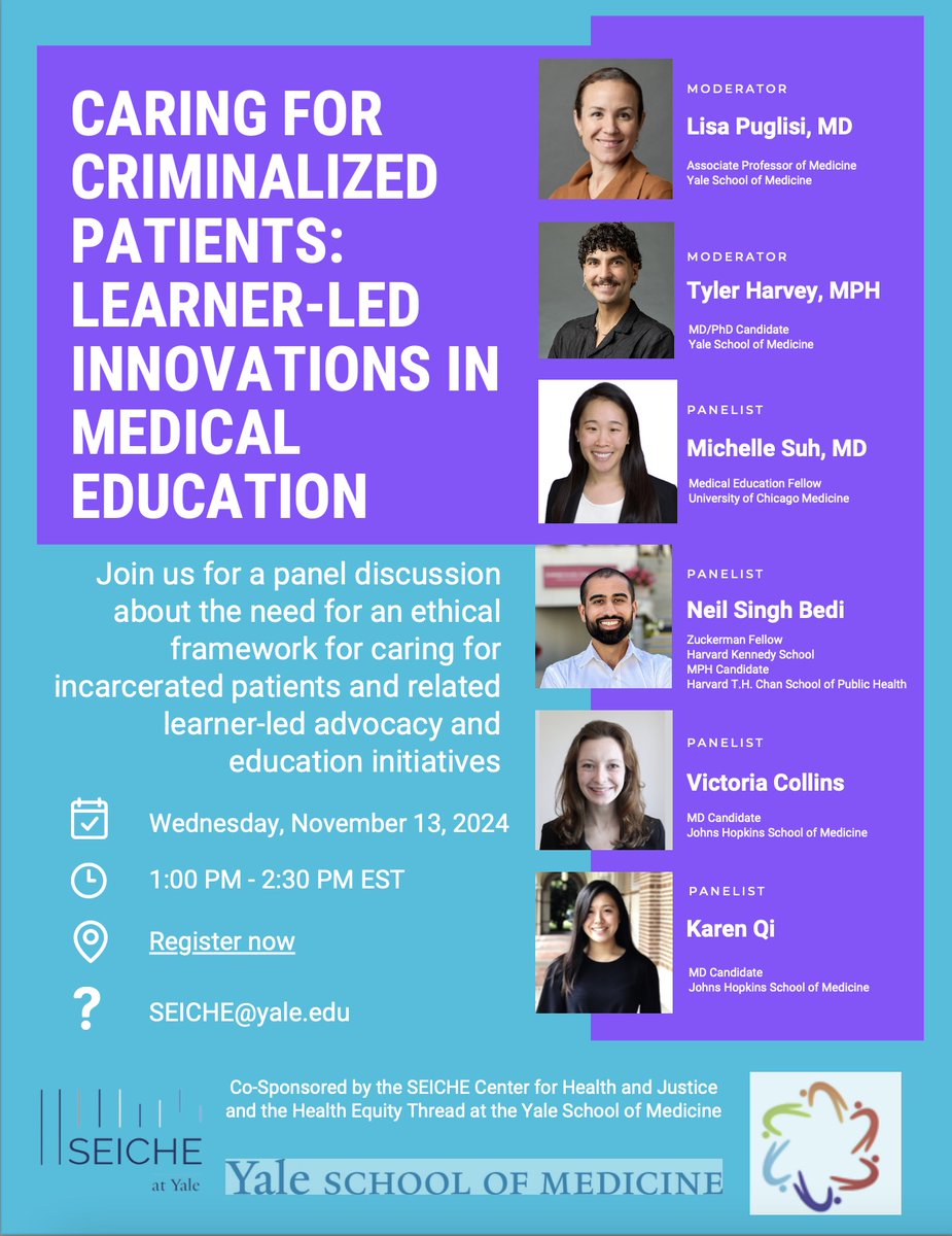 Please join the SEICHE Center for Health and Justice and the Health Equity Thread at the Yale School of Medicine on Wednesday, November 13th from 1:00 to 2:30 PM EST for a webinar, "Caring for Criminalized Patients: Learner-Led Innovations in Medical Education." Link in our bio🔗