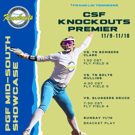 CSF KNOCKOUTS PREMIER (@coachrip2) on Twitter photo Wrapping up our Fall Season with the PGF Mid-South Showcase @Fly Park, TN
<a href="/CoastRecruits/">Coast 2 Coast Recruits</a> <a href="/CoastalSoftball/">Coastal Carolina SB</a> <a href="/Kazdynn/">Kazdyn Waldron</a> <a href="/CoachWelsh_WLU/">Jim Welsh</a> <a href="/CoachStanton/">Shonda Stanton</a> @MUHsoftball <a href="/CoachGJCary/">Gregory Cary</a> <a href="/whitjones25/">Whitney Jones</a> <a href="/UNCSoftball/">Carolina Softball</a> <a href="/UMOSoftball/">Mount Olive Softball</a> <a href="/CoachJexx_RMU/">Coach Jexx</a> <a href="/Paige_McMenemy/">Paige McMenemy</a> <a href="/OhioStateSB/">Ohio State Softball</a> <a href="/BG_Bobcats_SB/">BGHS Bobcats Softball</a> Wrapping up our Fall Season with the PGF Mid-South Showcase @Fly Park, TN
<a href="/CoastRecruits/">Coast 2 Coast Recruits</a> <a href="/CoastalSoftball/">Coastal Carolina SB</a> <a href="/Kazdynn/">Kazdyn Waldron</a> <a href="/CoachWelsh_WLU/">Jim Welsh</a> <a href="/CoachStanton/">Shonda Stanton</a> @MUHsoftball <a href="/CoachGJCary/">Gregory Cary</a> <a href="/whitjones25/">Whitney Jones</a> <a href="/UNCSoftball/">Carolina Softball</a> <a href="/UMOSoftball/">Mount Olive Softball</a> <a href="/CoachJexx_RMU/">Coach Jexx</a> <a href="/Paige_McMenemy/">Paige McMenemy</a> <a href="/OhioStateSB/">Ohio State Softball</a> <a href="/BG_Bobcats_SB/">BGHS Bobcats Softball</a>