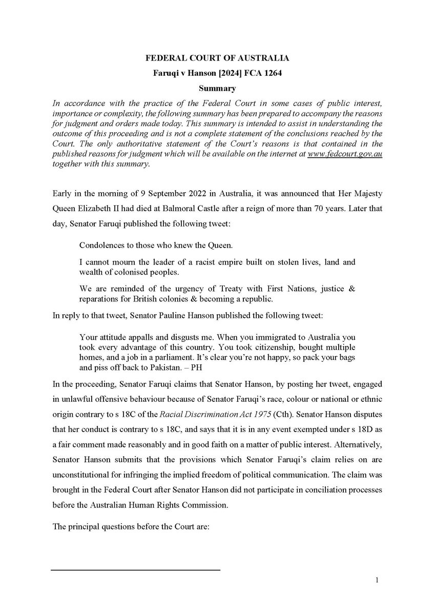 PaulineHansonOz's tweet photo. Last week, I was unsuccessful in defending myself in the case brought against me by Senator Faruqi.

Attached is the summary judgment for you to read and understand what this case represents and the precedent it sets.

I will be appealing this judgment, but this will be a costly and challenging exercise. However, it’s a fight that must be fought. With your support, we can build the strongest defence possible and continue standing up for our shared values.

Every contribution, big or small, makes a real difference. Join me in this crucial fight for free speech and fairness.

Donate here: https://t.co/TD38g5z4lW

Thank you for your support.