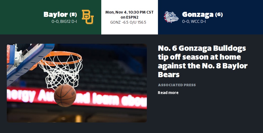 We interrupt this otherwise calm, boring evening to announce that ...

IT'S COLLEGE HOOPS TIME, BABY!!

And while Kansas &amp; other top teams start the year against cupcakes, the Top 10 Bears and Zags face off to continue their rivalry from the 2021 National Championship!