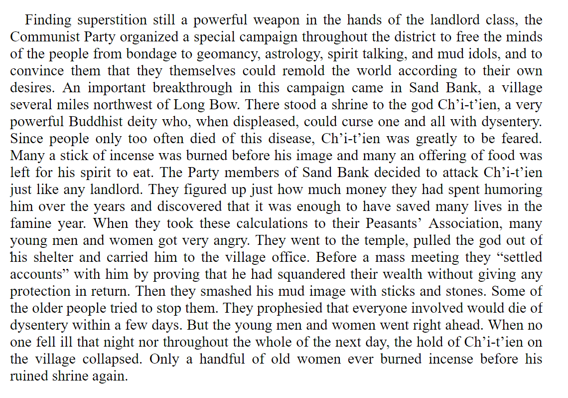 Chinese villagers overthrowing a god during land reform, from william Hinton's "fanshen"