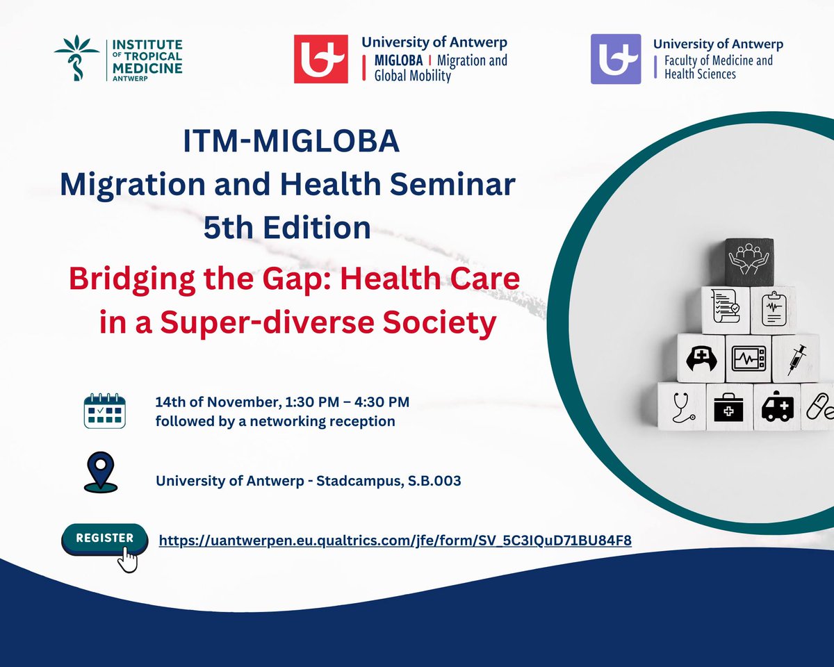 Migloba: Network on Migration and Global Mobility (@migloba) on Twitter photo Tomorrow is the last day to register
Join us for the 5th edition of the Migration and Health Seminar, organized by the <a href="/migloba/">Migloba: Network on Migration and Global Mobility</a> and <a href="/ITMantwerp/">Institute of Tropical Medicine Antwerp</a>
in collaboration with the Faculty of Medicine and Health Sciences.
Register here uantwerpen.eu.qualtrics.com/jfe/form/SV_5C… Tomorrow is the last day to register
Join us for the 5th edition of the Migration and Health Seminar, organized by the <a href="/migloba/">Migloba: Network on Migration and Global Mobility</a> and <a href="/ITMantwerp/">Institute of Tropical Medicine Antwerp</a>
in collaboration with the Faculty of Medicine and Health Sciences.
Register here uantwerpen.eu.qualtrics.com/jfe/form/SV_5C…