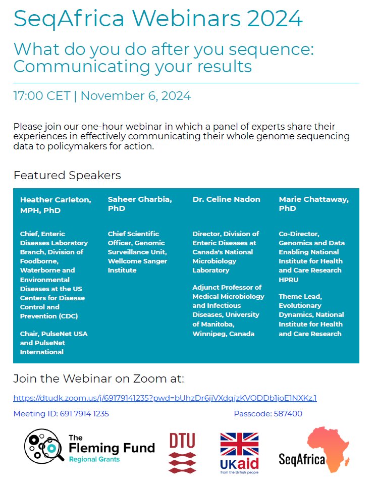 SEQAFRICA (@africaseq) on Twitter photo Join us TOMORROW (6.11.24) at 17:00 CET for an interactive webinar on how to communicate your #WGS data with speakers from <a href="/CDCgov/">CDC</a>, <a href="/sangerinstitute/">Wellcome Sanger Institute</a> , <a href="/umanitoba/">University of Manitoba</a>, and <a href="/HPRUamr/">HPRU AMR</a>. Join us here: dtudk.zoom.us/j/69984557822?… Join us TOMORROW (6.11.24) at 17:00 CET for an interactive webinar on how to communicate your #WGS data with speakers from <a href="/CDCgov/">CDC</a>, <a href="/sangerinstitute/">Wellcome Sanger Institute</a> , <a href="/umanitoba/">University of Manitoba</a>, and <a href="/HPRUamr/">HPRU AMR</a>. Join us here: dtudk.zoom.us/j/69984557822?…