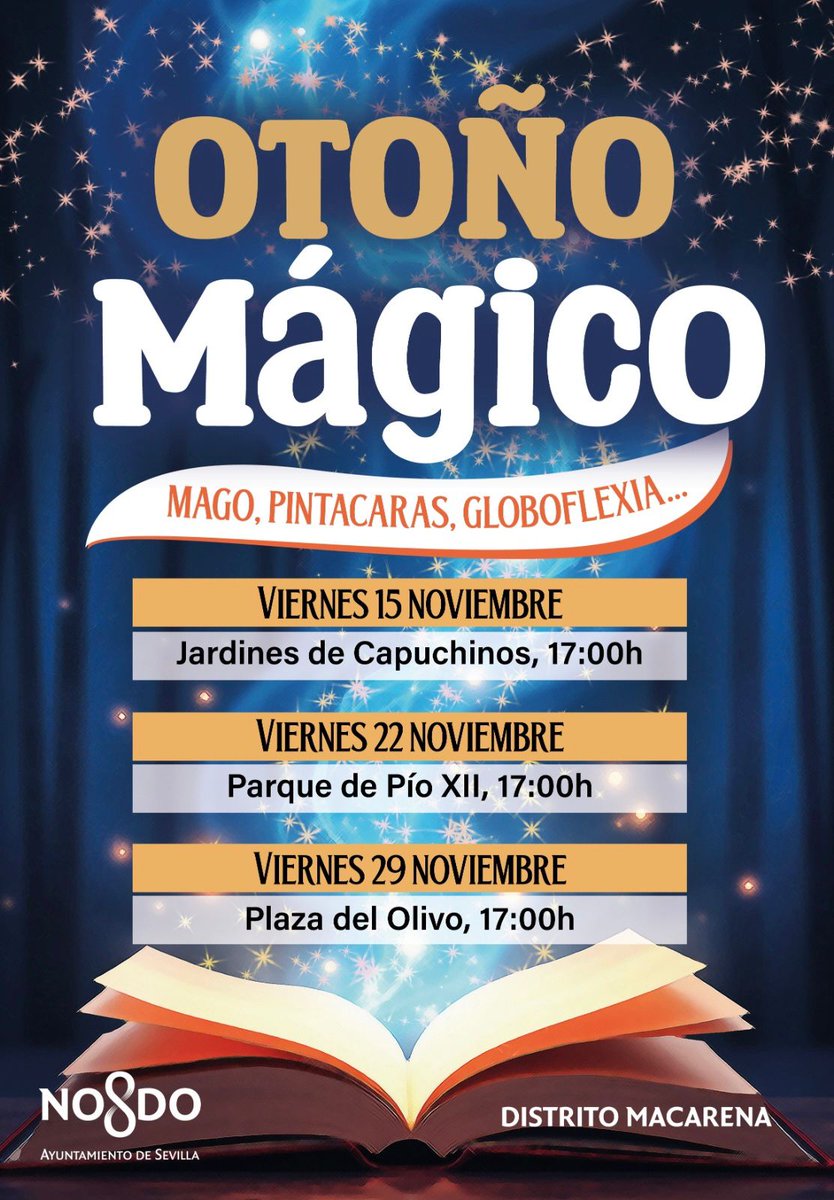 🍂✨¡Otoño Mágico en el Distrito Macarena! ✨🍂

¡Ven a disfrutar de una tarde llena de magia y diversión en Sevilla! 🎩🎨🎈

📅Viernes 15 de noviembre 
📍 Jardines de Capuchinos
⌚️ 17:00h

¡No te pierdas un plan perfecto para disfrutar en familia y compartir momentos mágicos!🌟