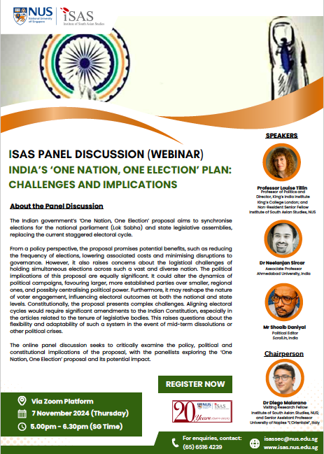 Diego Maiorano (@diegoemme) on Twitter photo Join us <a href="/ISASNus/">Institute of South Asian Studies (ISAS) - NUS</a> for an online discussion on the One Nation One Election proposal, with a great line up <a href="/louisetillin/">Louise Tillin</a> <a href="/ShoaibDaniyal/">shoaib daniyal</a> <a href="/NeelanjanSircar/">Neelanjan Sircar</a> . 9 am UK time/2.30 pm IST/5 pm Singapore time.
register here: isas-panel-one-nation.eventbrite.sg Join us <a href="/ISASNus/">Institute of South Asian Studies (ISAS) - NUS</a> for an online discussion on the One Nation One Election proposal, with a great line up <a href="/louisetillin/">Louise Tillin</a> <a href="/ShoaibDaniyal/">shoaib daniyal</a> <a href="/NeelanjanSircar/">Neelanjan Sircar</a> . 9 am UK time/2.30 pm IST/5 pm Singapore time.
register here: isas-panel-one-nation.eventbrite.sg