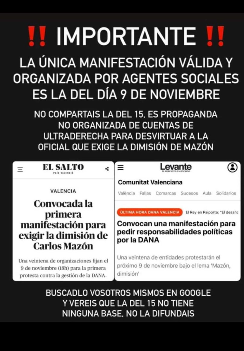 El sábado tenemos una manifestación muy importante en valencia, para echar a Mazón y su desgobierno criminal, no hay tiempo, hay que echarlos

Pero ojo, que no os confundan, el día 15 hay otra, convocada por la extrema derecha para salvar a Mazón.
Nos vemos el sábado