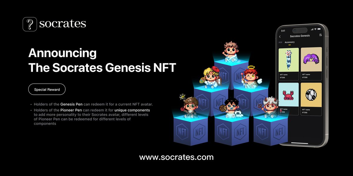 Socrates_global's tweet photo. 📢 Announcing: The Socrates Genesis NFT Avatar Collection 🌟

👣Step into a world where ancient wisdom is reborn! Socrates Genesis  is a unique NFT avatar series, featuring a baby version of Socrates that symbolizes the rebirth of philosophical thought. 
👉🏻Each avatar comes with customizable Philosopher Traits, allowing you to create a one-of-a-kind character that reflects your personality.
📣These beautiful NFTs are more than digital artwork—they’re dynamic avatars that interact with trait components, letting you change their appearance whenever you want. Personalize your Genesis Socrates to make it truly your own! 💡

🎁 Special Reward for loyal Socrates users:
• Holders of the Genesis Pen can redeem it for a current NFT avatar.
• Holders of the Pioneer Pen can redeem it for unique components to add more personality to their Socrates avatar, different levels of Pioneer Pen can be redeemed for different levels of components .
