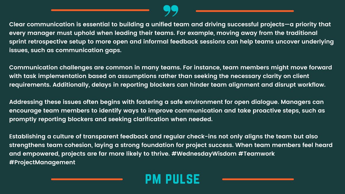 PM_Pulse's tweet image. Building Stronger Teams Through Clear Communication
#EffectiveCommunication #TeamSuccess #ProjectManagementTips #Leadership #TeamAlignment #WorkplaceCulture #WednesdayWisdom #ClearCommunication #ProjectSuccess #TeamGrowth