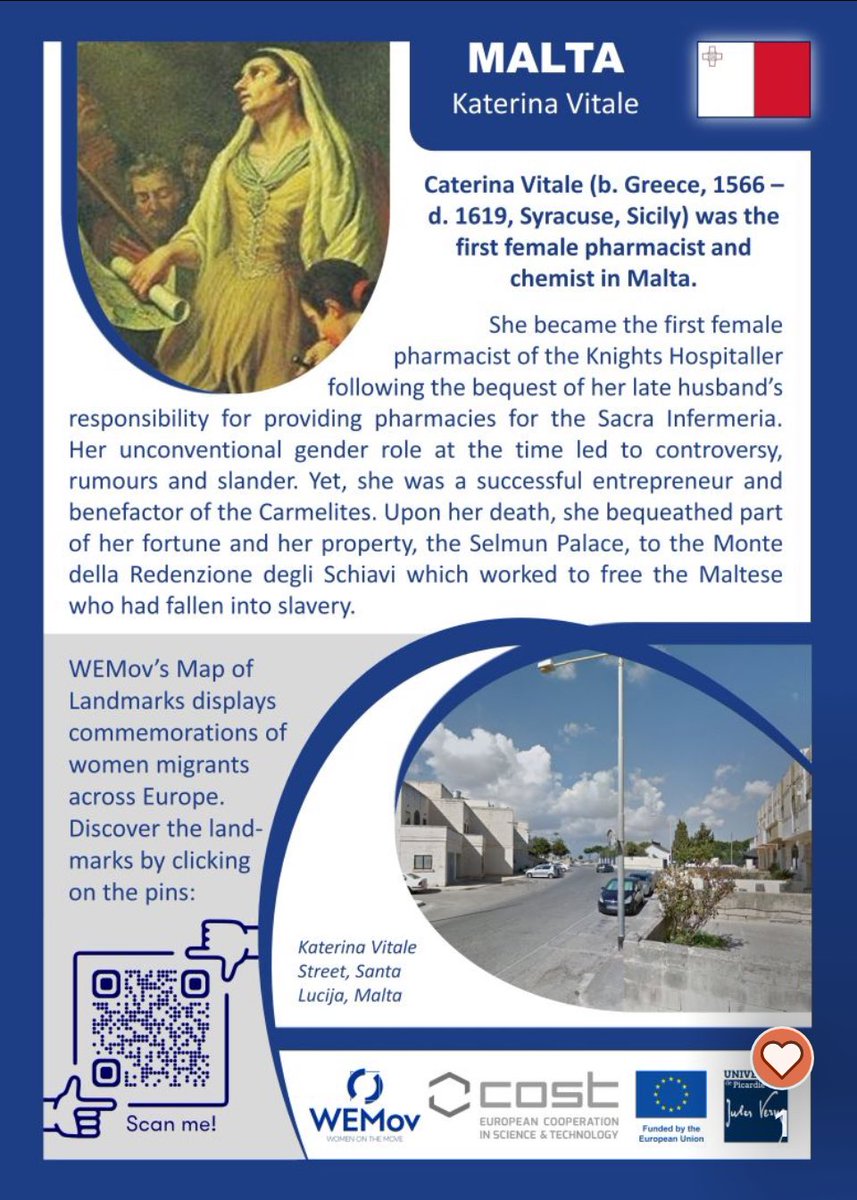 WEMov’s 👉 Map of landmarks displays commemorations of women migrants across Europe.
📌 Discover the landmarks by clicking on the pins: womenonthemove.eu/landmarks-exhi…
The woman migrant’s landmark of the week is 👉 Katerina Vitale, the first female pharmacist and chemist in Malta.