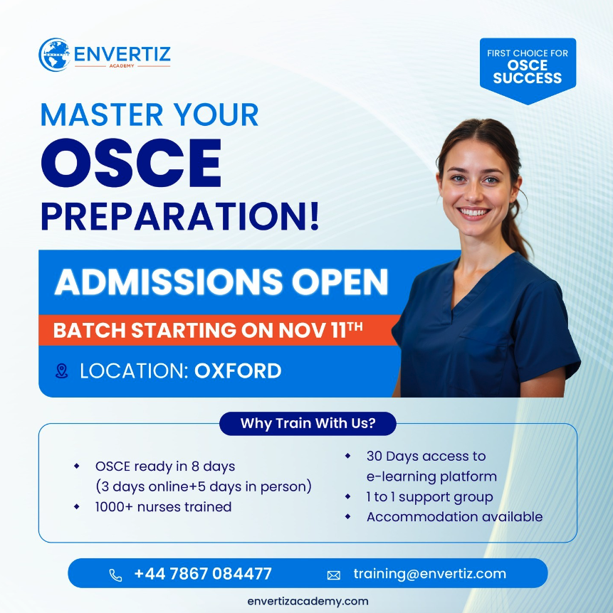 Envertiz's tweet photo. Join our OSCE Training Programme and take the next step in your nursing career. The seats are limited, so hurry and book your seat today. 
Contact us: +447867084477 https://t.co/EgPGMu5wMB