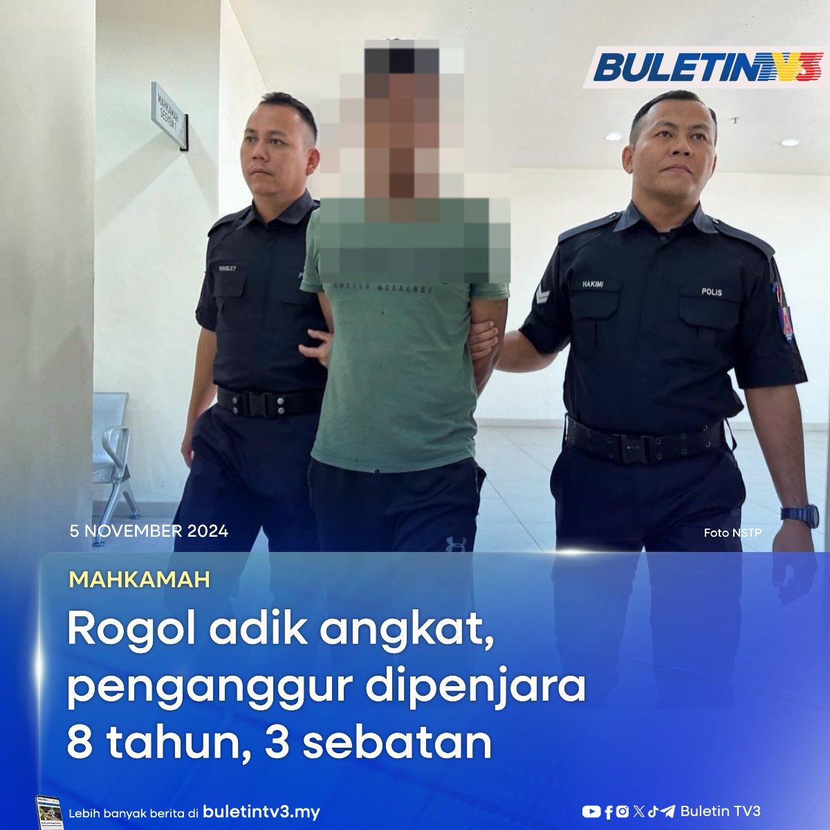 BuletinTV3's tweet image. MAHKAMAH | Penganggur dipenjara lapan tahun dan tiga sebatan selepas mengaku bersalah di Mahkamah Sesyen, di sini, hari ini atas pertuduhan merogol adik angkatnya, dua tahun lalu.

#BuletinTV3 #KesRogol #Penganggur