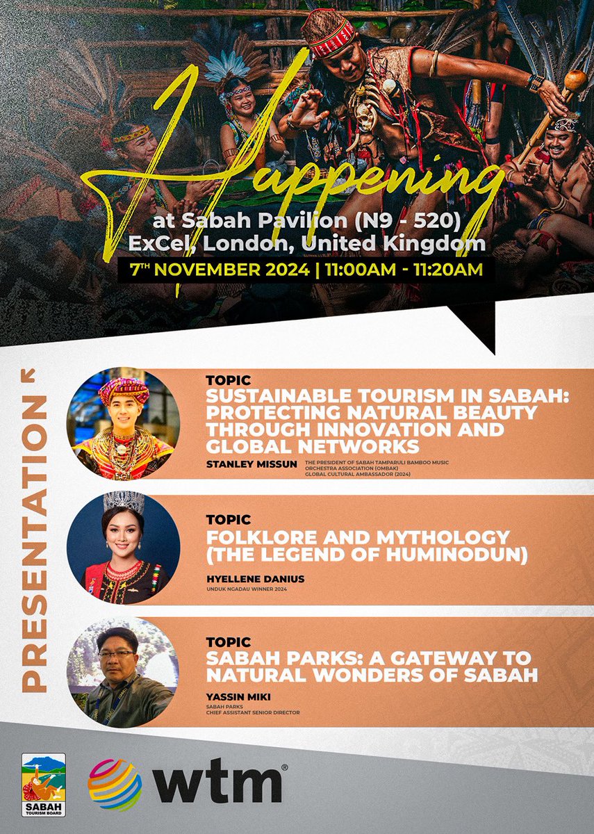 sabahtourism's tweet photo. Programs lined up at the Sabah Pavilion throughout @WTM_London ! 
Come meet the team at Sabah Pavilion (N9-520), ExCeL, London. https://t.co/SGVTKXmhJV