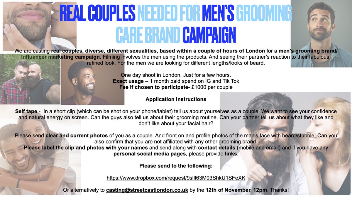 StreetCastUK's tweet photo. @AdamLethbridge We are #casting #realcouples for men's grooming brand campaign/influencer marketing #paid #uk #beards #mensgrooming Please apply/share if interested. Thank you:) https://t.co/uRN5VGTRSE