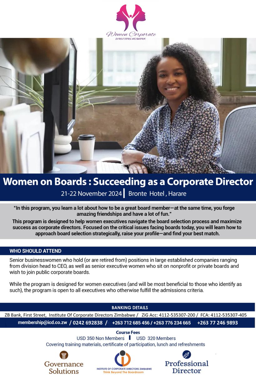 Transform Your Career: Join the “Women on Boards: Succeeding as a Corporate Director” Training!

Secure your spot today and step confidently into your role as a corporate director!