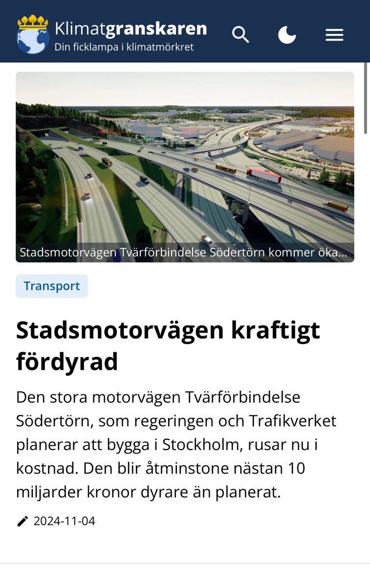23,5 miljarder - sju gånger så mycket som regeringen satsar på sin största klimatsatsning - för en motorväg till stockholmarna. 

Är det verkligen en rimlig prioritering?