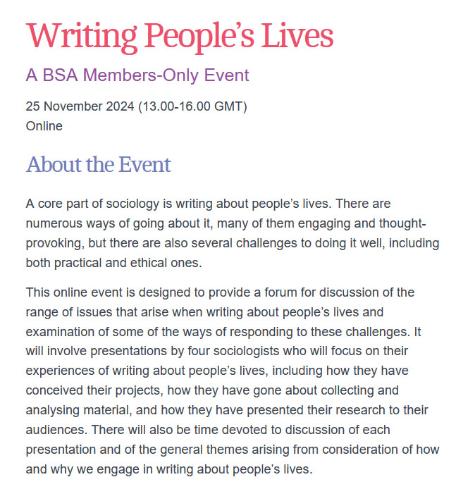 The BSA (@britsoci) on Twitter photo How should sociologists write about other people’s lives? Find out at our free members-only online 'Writing people's lives' event on November 25, when professors Ann Oakley, Graham Crow, Ann Phoenix and <a href="/gletherby/">Prof Gayle Letherby</a> give the benefit of their experience tinyurl.com/yuh5z4ry How should sociologists write about other people’s lives? Find out at our free members-only online 'Writing people's lives' event on November 25, when professors Ann Oakley, Graham Crow, Ann Phoenix and <a href="/gletherby/">Prof Gayle Letherby</a> give the benefit of their experience tinyurl.com/yuh5z4ry