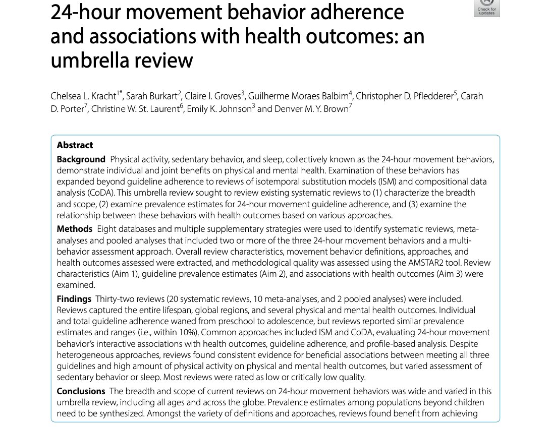 JASSB (@jassb_journal) on Twitter photo NEW PAPER 3 - 25: Kracht et al. 24-hour movement behavior adherence and associations with health outcomes: an umbrella review
Read open access @: jassb.biomedcentral.com/articles
<a href="/ChelseaKracht/">Chelsea Kracht PhD</a> <a href="/SarahBurkart13/">Sarah Burkart, MPH, PhD</a> @BalbimMoraes @cwstlaurent <a href="/chrispfledderer/">Chris Pfledderer, PhD</a> <a href="/TheDenverBrown/">Denver Brown</a> <a href="/carah_porter/">Carah Porter</a> NEW PAPER 3 - 25: Kracht et al. 24-hour movement behavior adherence and associations with health outcomes: an umbrella review
Read open access @: jassb.biomedcentral.com/articles
<a href="/ChelseaKracht/">Chelsea Kracht PhD</a> <a href="/SarahBurkart13/">Sarah Burkart, MPH, PhD</a> @BalbimMoraes @cwstlaurent <a href="/chrispfledderer/">Chris Pfledderer, PhD</a> <a href="/TheDenverBrown/">Denver Brown</a> <a href="/carah_porter/">Carah Porter</a>
