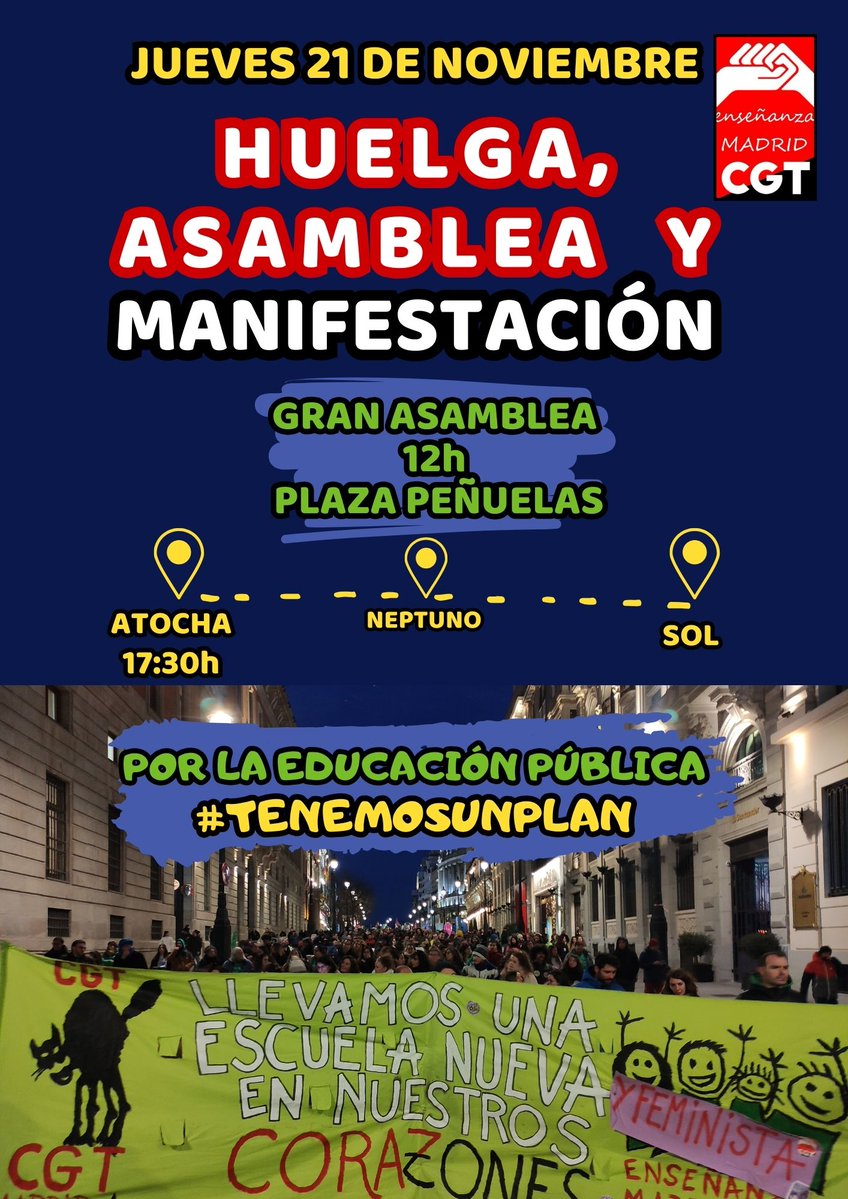 MANIFESTACIÓN ‼️

📆 HOY jueves 21 de noviembre
🕟17:30h
📍  Atocha - Neptuno - Sol

Ven con tus compas de asamblea y con la pancarta de tu centro 😉