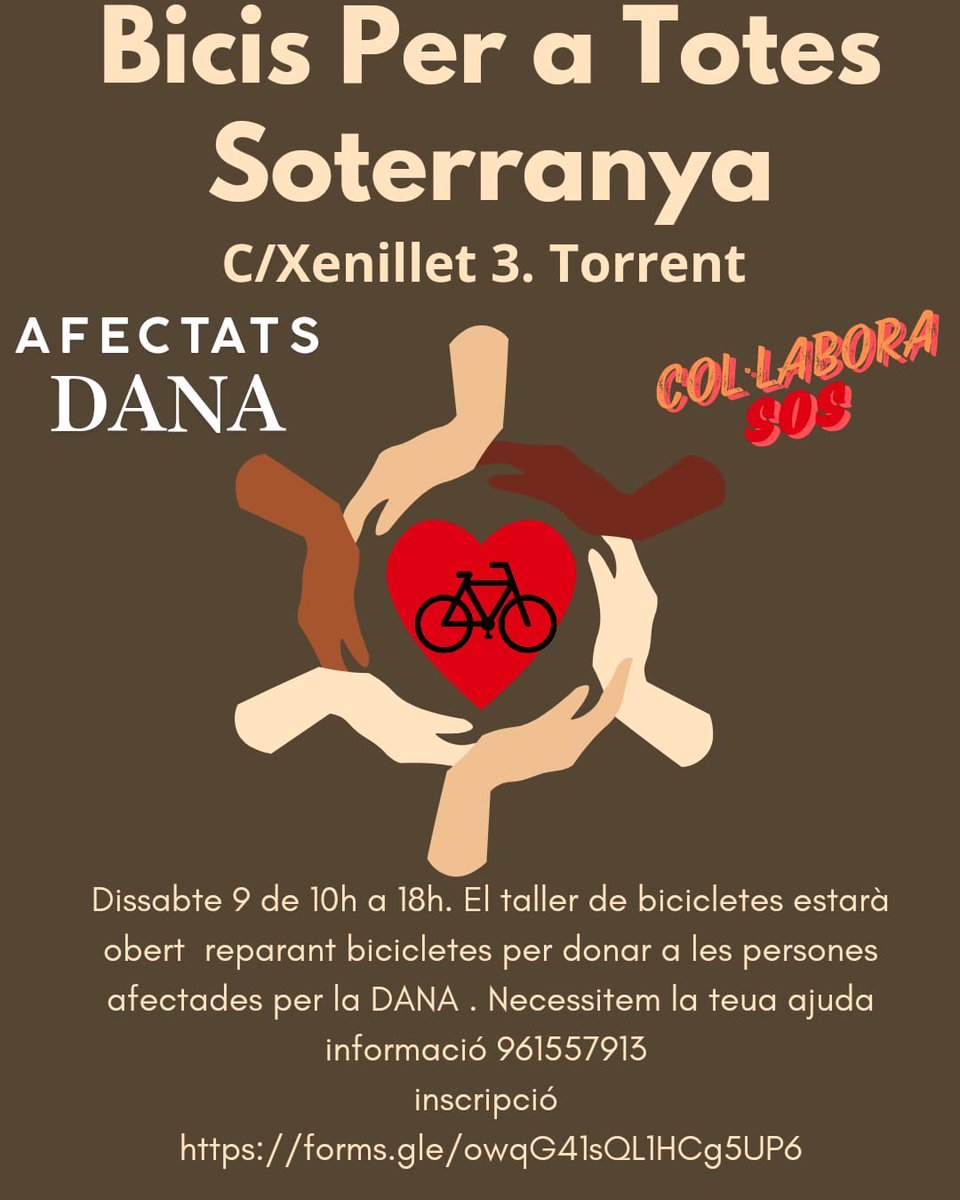 soterranya's tweet image. màxima difusió⚠️
Dissabte 9 de 10h-18h. El taller #BicisPerATotes estarà obert recuperant bici per donar a les *persones afectades per la DANA*
 
*Vine i col·labora* 
La teua ajuda és important. 
Informació 

Per organitzar-nos  inscripció ⤵️
*forms.gle/owqG41sQL1HCg5…*

Gràcies!