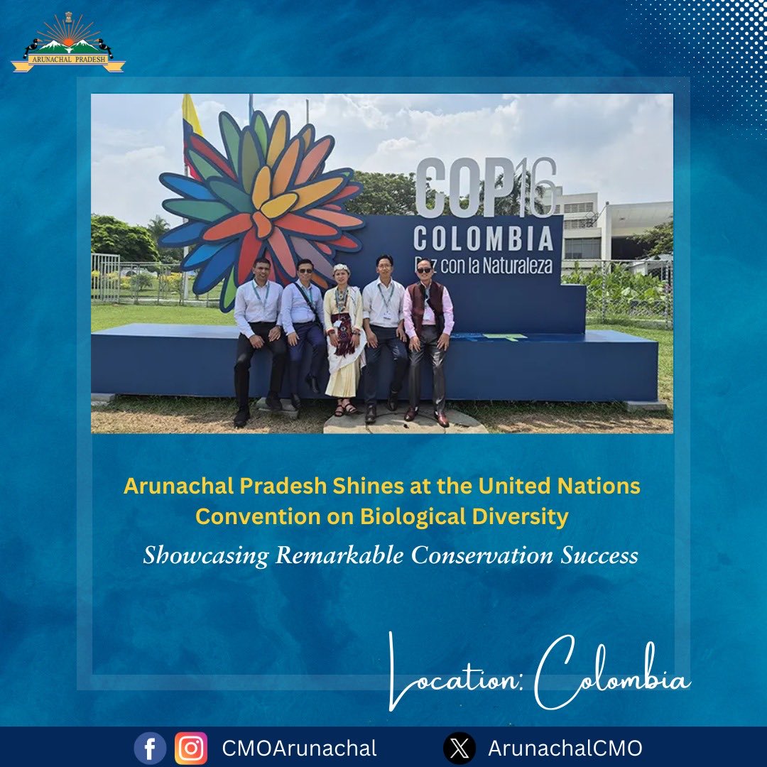 ArunachalCMO's tweet photo. Arunachal Pradesh proudly represented #India at #UNCBD. Led by Ngilyang Tam,the delegation highlighted the Singchung Bugun Village Community Reserve, initiatives for #SnowLeopardprotection & #AirgunSurrenderAbhiyan.
Kudos to everyone for commitment to a sustainable future! https://t.co/TmqVlOjve5