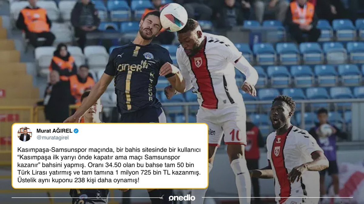 onedio's tweet photo. Gazeteci Murat Ağırel:

“Kasımpaşa-Samsunspor maçında, bir bahis sitesinde bir kullanıcı ‘Kasımpaşa ilk yarıyı önde kapatır ama maçı Samsunspor kazanır’ bahsini yapmış. Oranı 34.50 olan bu bahse tam 50 bin Türk Lirası yatırmış ve tam tamına 1 milyon 725 bin TL kazanmış. Üstelik aynı kuponu 238 kişi daha oynamış!”