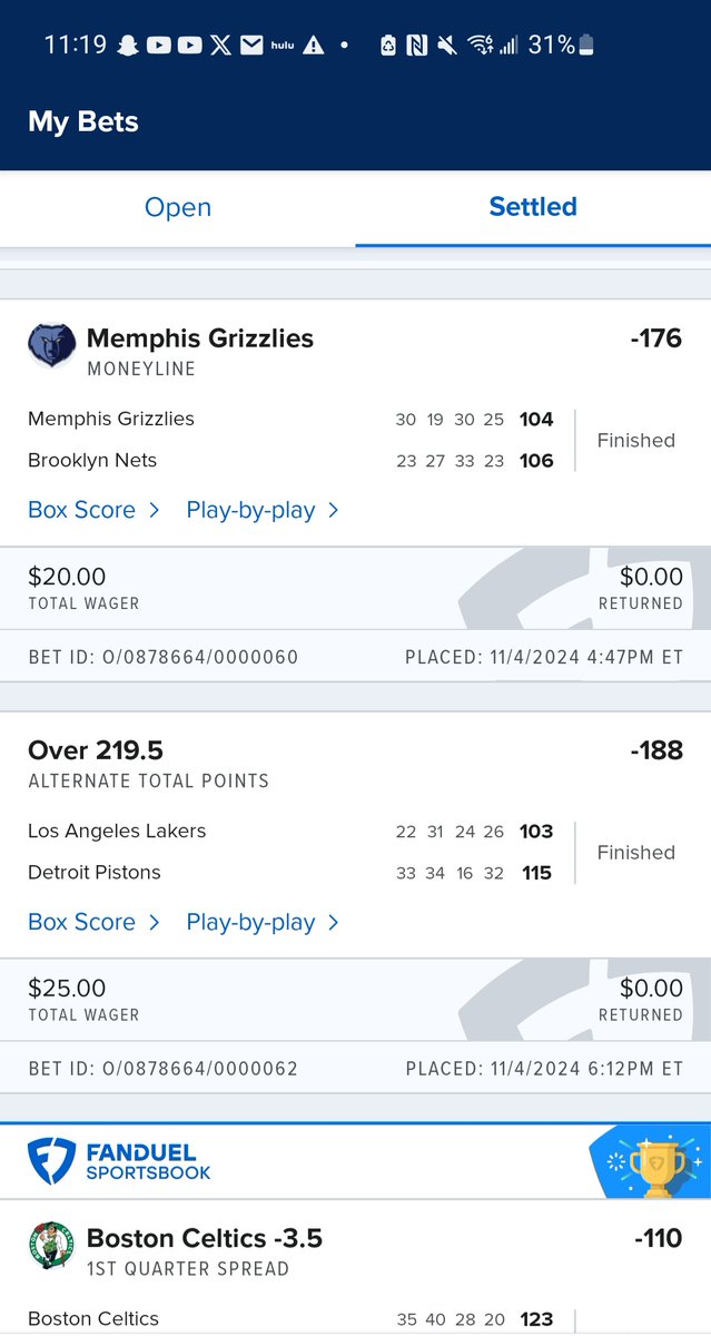 Sooo closeee to cashing in....

Both of these games were one more shot away from paying out. 1 from the grizzlies to win the game and one from any team from LA or Detroit to go over 219.5 

Well win back tomorrow