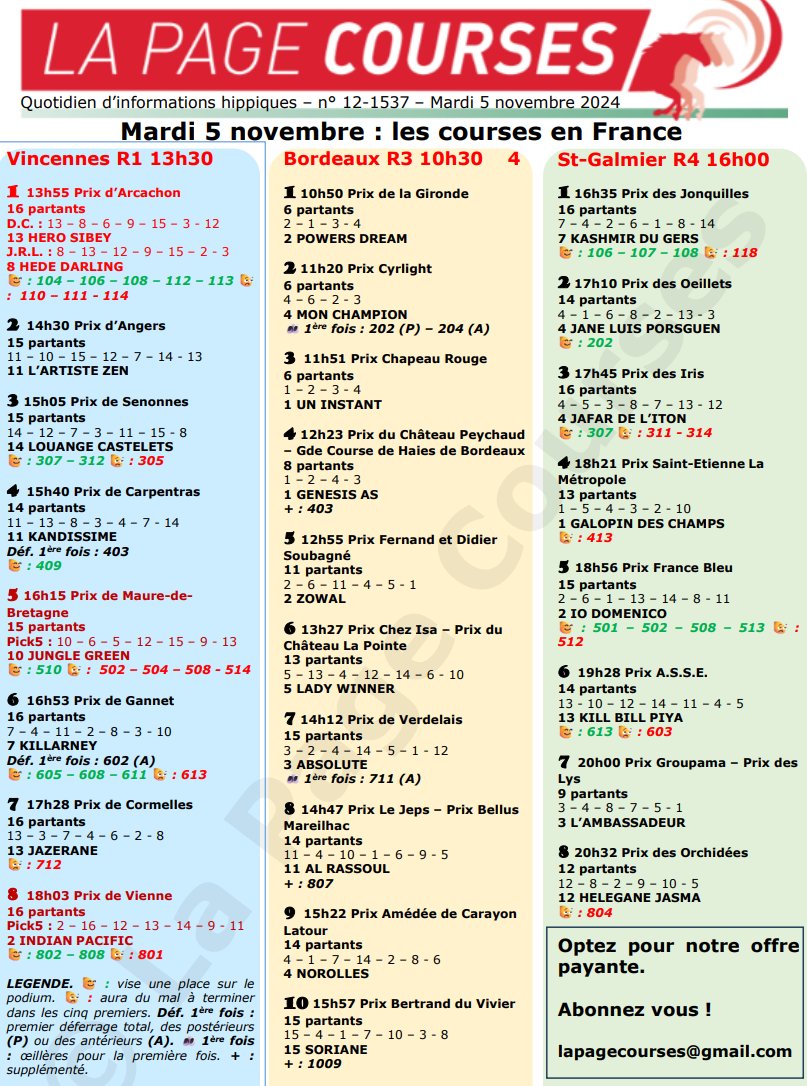 Mardi 5 novembre 2024.

On trotte à Vincennes, avec le Quinté.

Bordeaux-Le Bouscat propose du galop mixte.

On trotte à Saint-Galmier.

Pour tout savoir, cliquez ici :

drive.google.com/file/d/1l1epey…