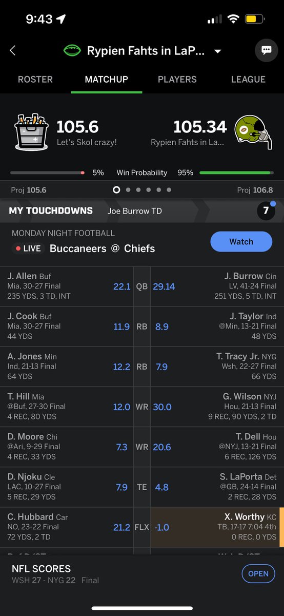 Melippy's tweet photo. @maninyellowhat9 @FantasyPros Bad beats of all bad beats and they went in to OT https://t.co/T53Aq4kWFJ