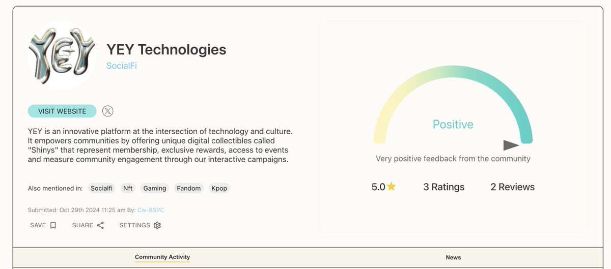 Peter Ing // YEY ๐ค (@petering_) on Twitter photo We're now on @GATH3RCO a web3 review platform for projects and communities. A great initiative from <a href="/pichapen/">Pichapen | Super Connector</a> !
If you've interacted with us via our programs <a href="/GuildsHall/">Guilds Hall ๐๏ธ๐ช</a> <a href="/YEYclub/">YEY Club</a> or simply a user of our tech <a href="/YEYtechnologies/">YEY ๐ค</a> we would love a review! ๐๐
app.gath3r.co/projects/yey-tโฆ We're now on @GATH3RCO a web3 review platform for projects and communities. A great initiative from <a href="/pichapen/">Pichapen | Super Connector</a> !
If you've interacted with us via our programs <a href="/GuildsHall/">Guilds Hall ๐๏ธ๐ช</a> <a href="/YEYclub/">YEY Club</a> or simply a user of our tech <a href="/YEYtechnologies/">YEY ๐ค</a> we would love a review! ๐๐
app.gath3r.co/projects/yey-tโฆ