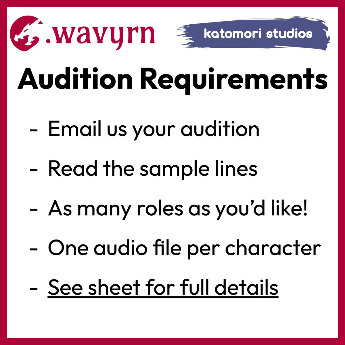 Marc Yu (@marcyumusic) on Twitter photo 🔔 ATTENTION VOICE ACTORS! 🔔 Wavyrn and Katomori Studios are looking to cast 12 voice actors for an indie JRPG video game!
READ ME - Casting Call: tinyurl.com/SHRBCastingCall
Email auditions to contact@wavyrn.com!
#jrpg #voiceacting #voiceactor #casting #castingcalls 🔔 ATTENTION VOICE ACTORS! 🔔 Wavyrn and Katomori Studios are looking to cast 12 voice actors for an indie JRPG video game!
READ ME - Casting Call: tinyurl.com/SHRBCastingCall
Email auditions to contact@wavyrn.com!
#jrpg #voiceacting #voiceactor #casting #castingcalls