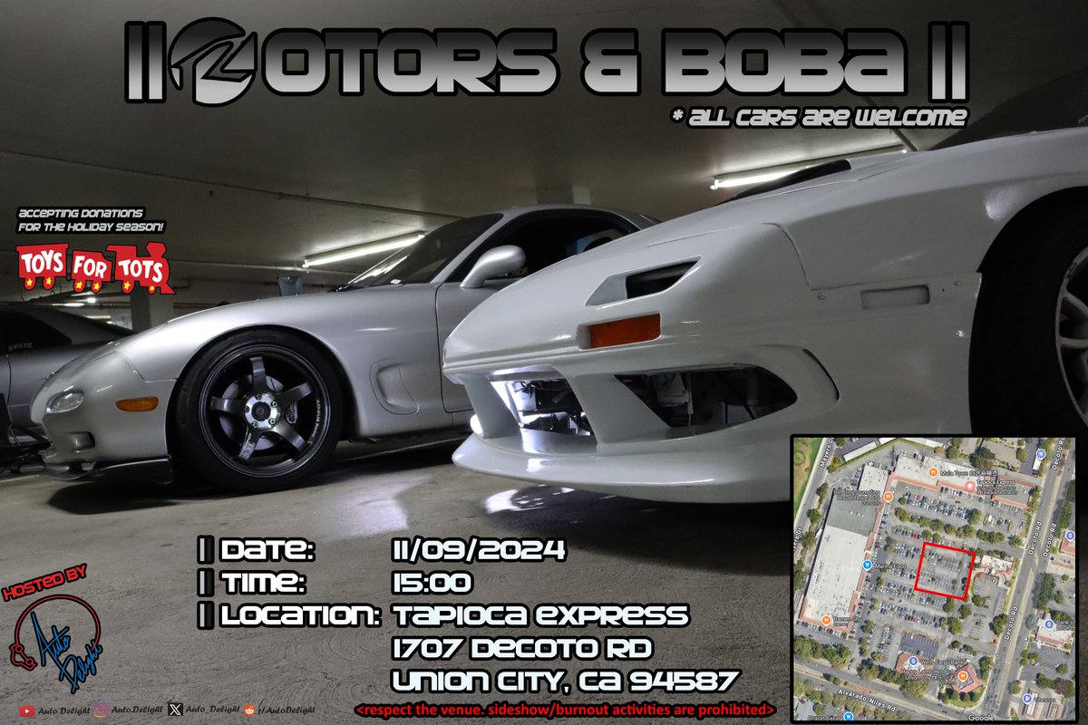 auto_delight's tweet photo. November's #RotorsAndBoba meet will be at Tapioca Express in Union City, CA on 11/09/2024!  Also accepting donations for Toys for Tots! 

 #Mazda #RX7 #RX8 #Mazdaspeed #NorCal #MazdaRotary https://t.co/7Sawt0gETa