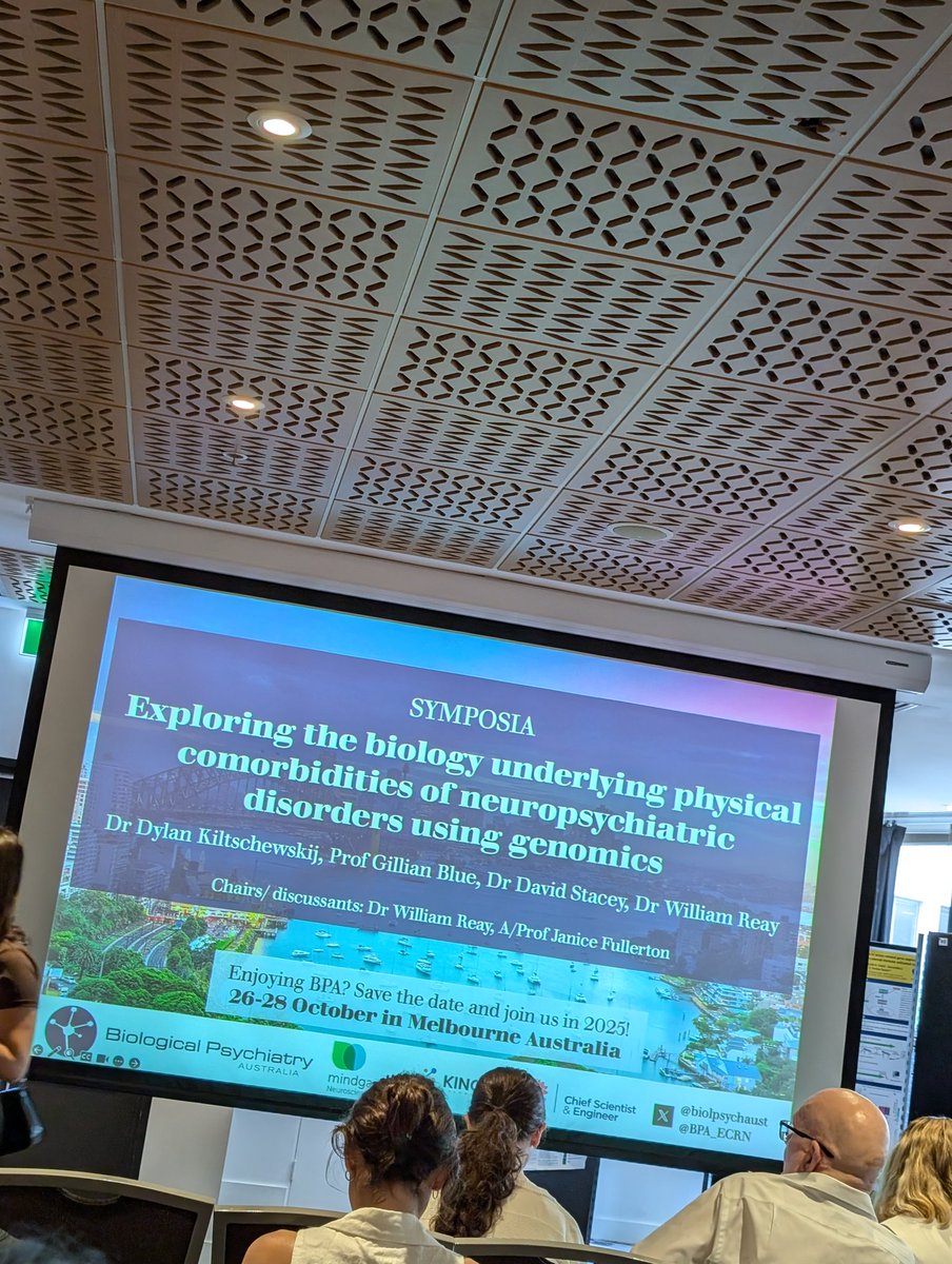 Biological Psychiatry Australia (@biolpsychaust) on Twitter photo After a fantastic poster session, it's time for our fourth symposium, exploring the biology underlying physical comorbidities of neuropsychiatric disorders using genomics, chaired by <a href="/williamreay96/">Dr William Reay</a> #BPA2024 After a fantastic poster session, it's time for our fourth symposium, exploring the biology underlying physical comorbidities of neuropsychiatric disorders using genomics, chaired by <a href="/williamreay96/">Dr William Reay</a> #BPA2024