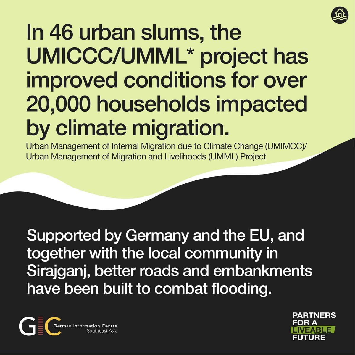 GermanyInSEAsia's tweet photo. #ClimateChange causes migration in the #IndoPacific. In 🇧🇩, the 6M climate migrants who have relocated still face poverty & unemployment in new cities.
🇩🇪 @giz_gmbh climate migration project aims to improve the living conditions of urban migrants in 46 slums. #LiveableFuture